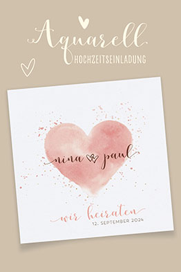 Weiße Einladungskarte zur Hochzeit mit aquareliertem Herz in zartem Rosa-Ton.