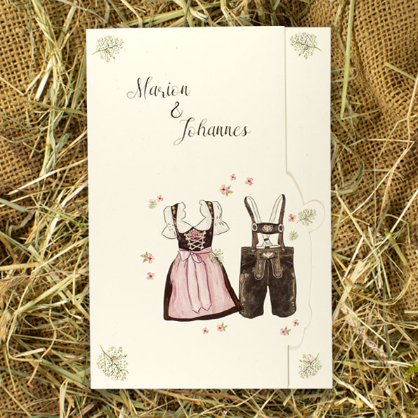 Vergrößerte Abbildung Originelle Einladungen zur Trachtenhochzeit mit Dirndl und Lederhose.