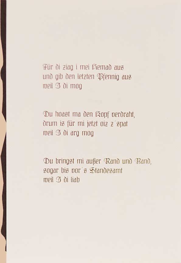 Hochzeitseinladung, Textdruck der ersten Innenseite