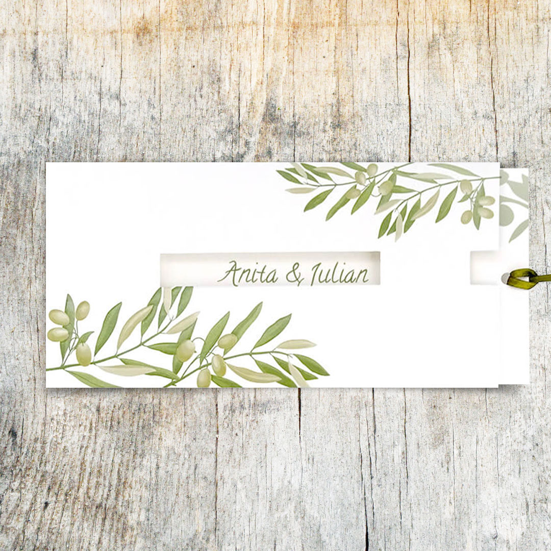 Vergrößerte Abbildung Weiße Hochzeitseinladung mit grünen Olivenzweigen oben und unten.
