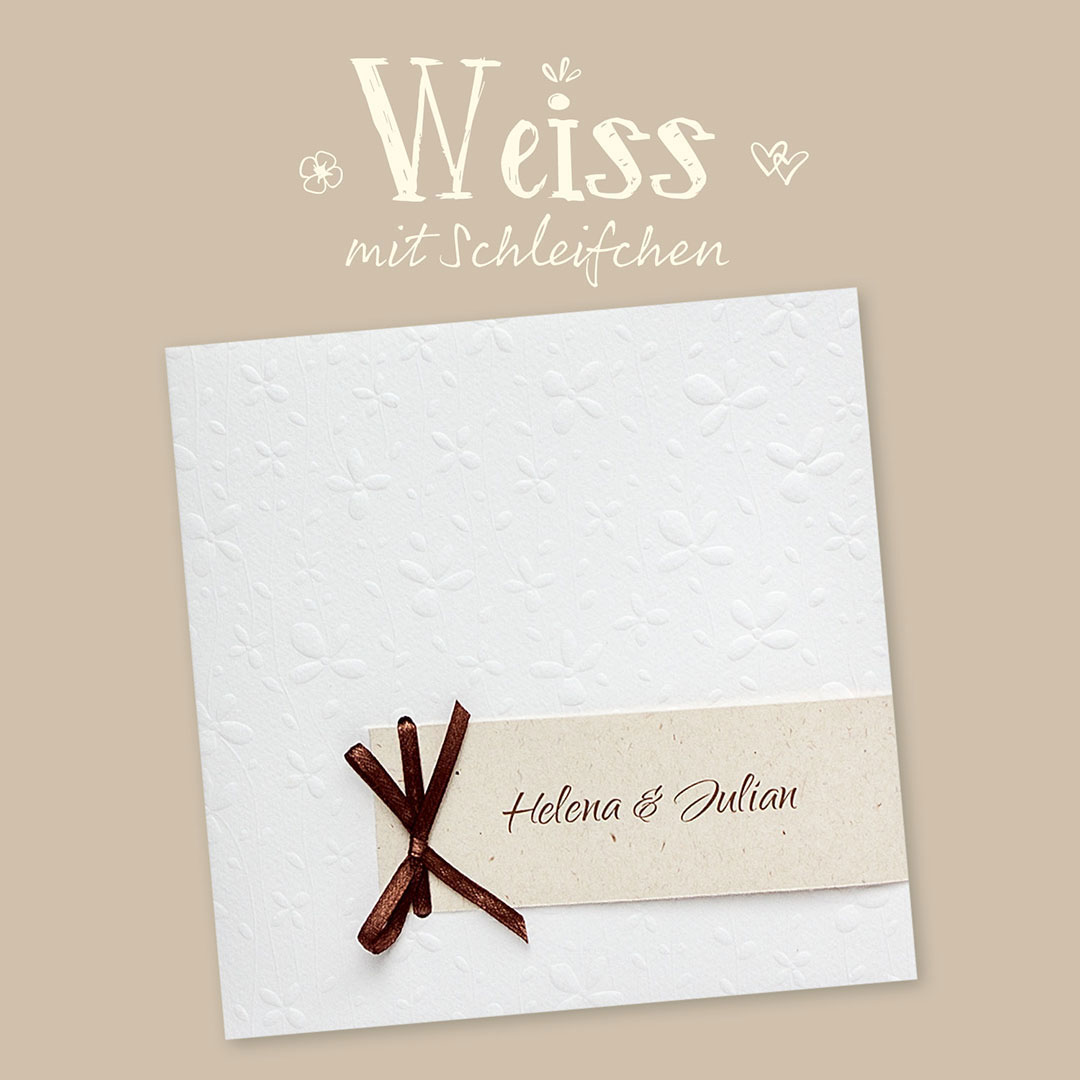 Weiße Hochzeitseinladungen mit brauner Schleife – vergrößerte Abbildung Weiße Hochzeitseinladungen mit brauner Schleife